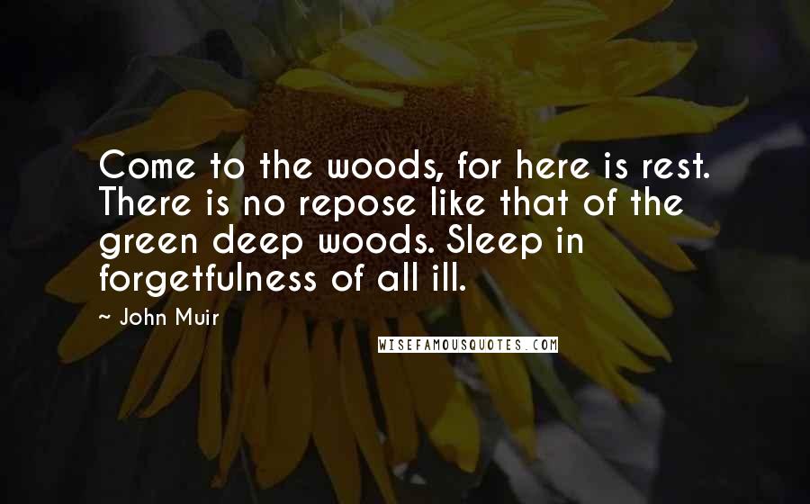 John Muir Quotes: Come to the woods, for here is rest. There is no repose like that of the green deep woods. Sleep in forgetfulness of all ill.