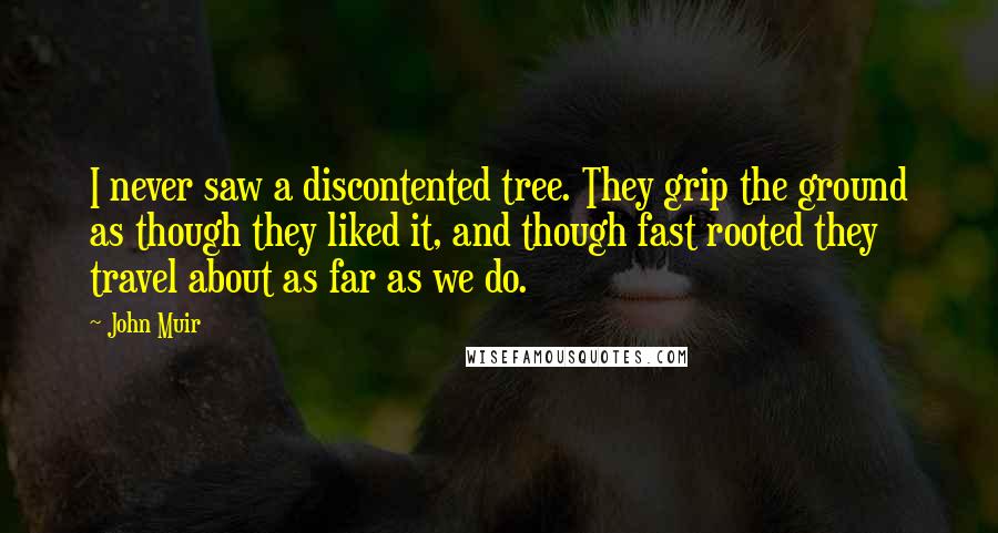 John Muir Quotes: I never saw a discontented tree. They grip the ground as though they liked it, and though fast rooted they travel about as far as we do.