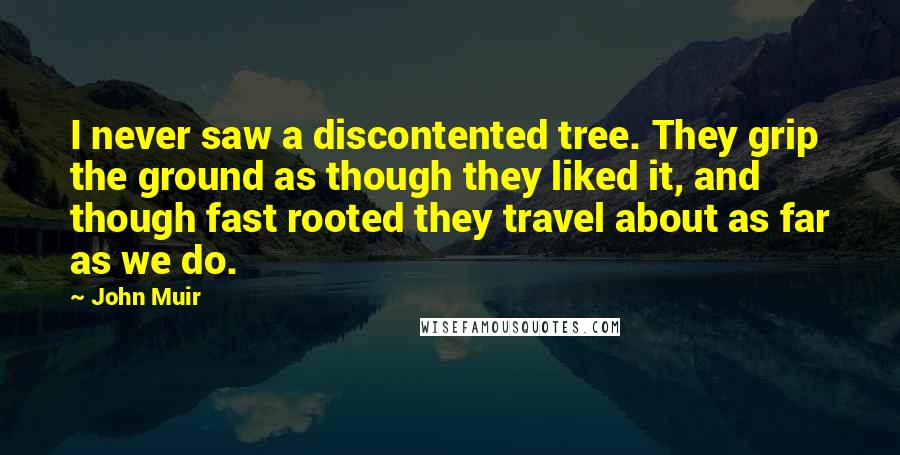 John Muir Quotes: I never saw a discontented tree. They grip the ground as though they liked it, and though fast rooted they travel about as far as we do.