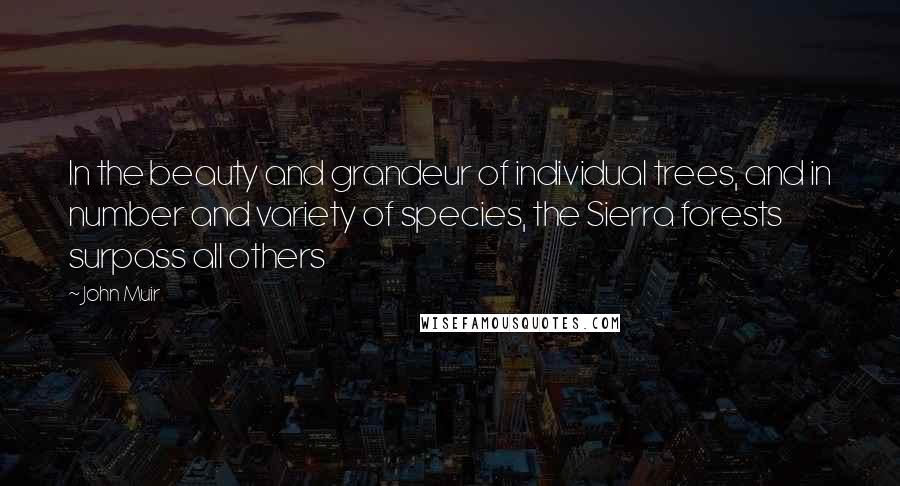 John Muir Quotes: In the beauty and grandeur of individual trees, and in number and variety of species, the Sierra forests surpass all others
