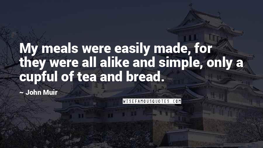 John Muir Quotes: My meals were easily made, for they were all alike and simple, only a cupful of tea and bread.