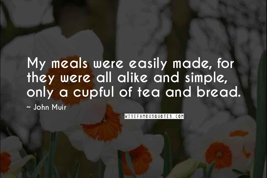 John Muir Quotes: My meals were easily made, for they were all alike and simple, only a cupful of tea and bread.