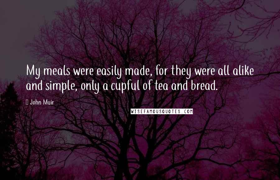 John Muir Quotes: My meals were easily made, for they were all alike and simple, only a cupful of tea and bread.