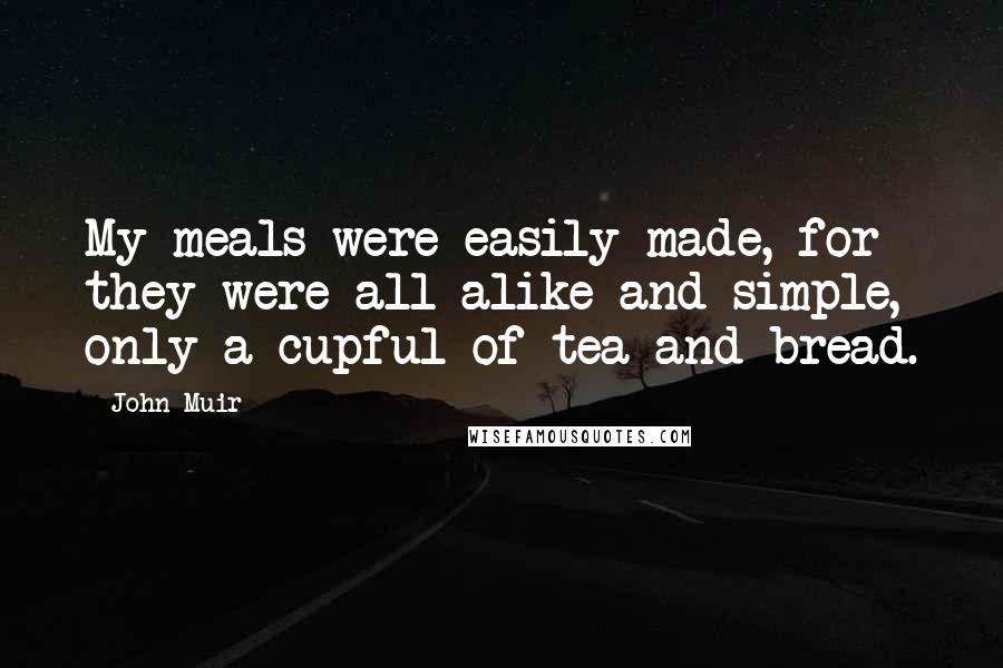 John Muir Quotes: My meals were easily made, for they were all alike and simple, only a cupful of tea and bread.