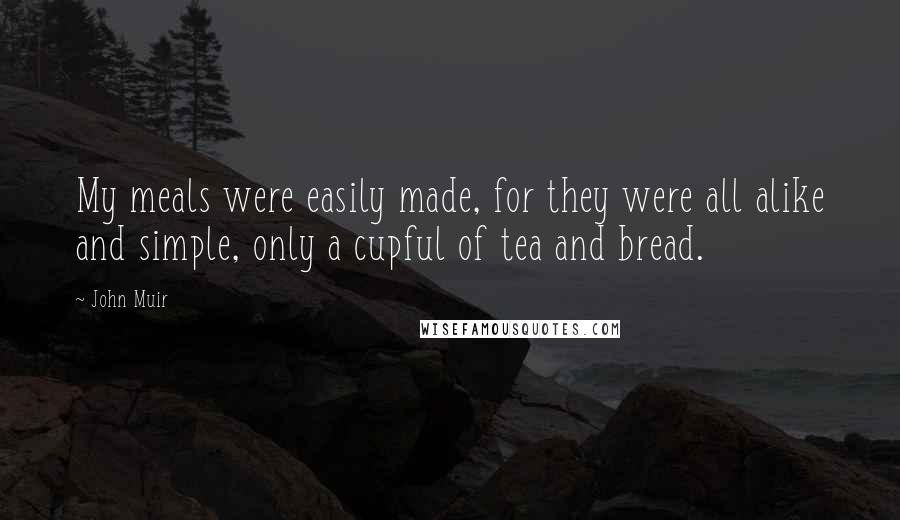 John Muir Quotes: My meals were easily made, for they were all alike and simple, only a cupful of tea and bread.