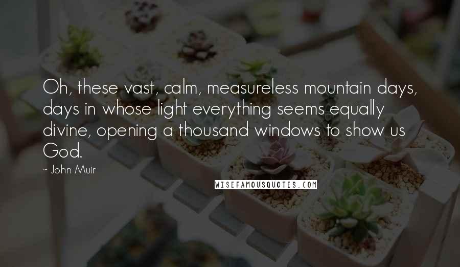 John Muir Quotes: Oh, these vast, calm, measureless mountain days, days in whose light everything seems equally divine, opening a thousand windows to show us God.