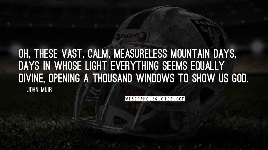 John Muir Quotes: Oh, these vast, calm, measureless mountain days, days in whose light everything seems equally divine, opening a thousand windows to show us God.