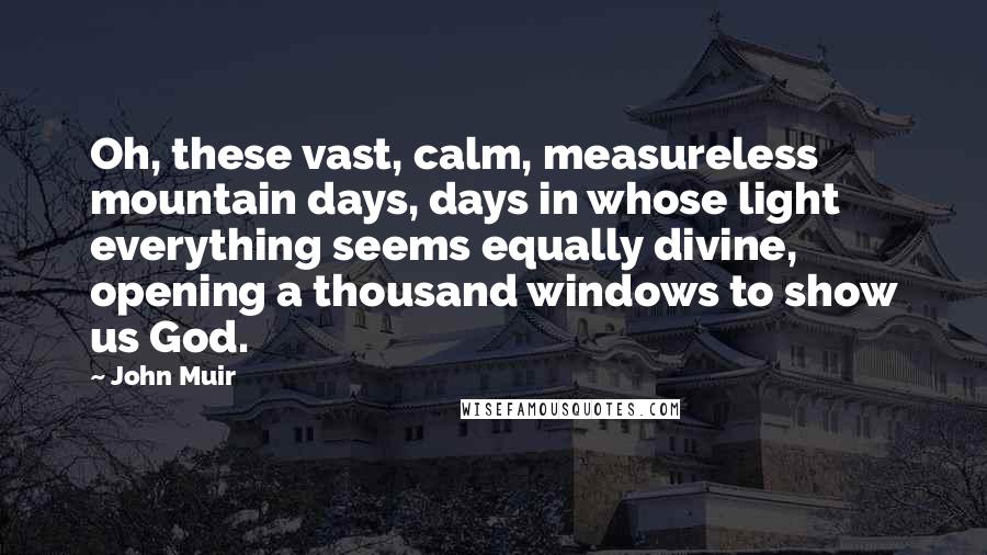 John Muir Quotes: Oh, these vast, calm, measureless mountain days, days in whose light everything seems equally divine, opening a thousand windows to show us God.