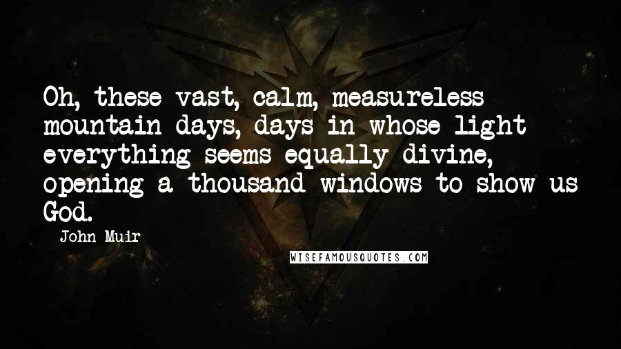 John Muir Quotes: Oh, these vast, calm, measureless mountain days, days in whose light everything seems equally divine, opening a thousand windows to show us God.