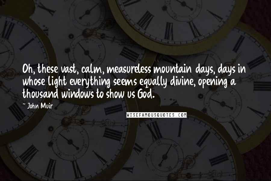 John Muir Quotes: Oh, these vast, calm, measureless mountain days, days in whose light everything seems equally divine, opening a thousand windows to show us God.