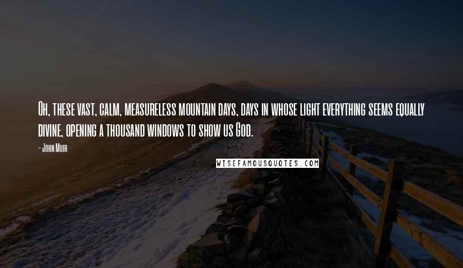 John Muir Quotes: Oh, these vast, calm, measureless mountain days, days in whose light everything seems equally divine, opening a thousand windows to show us God.