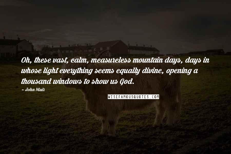 John Muir Quotes: Oh, these vast, calm, measureless mountain days, days in whose light everything seems equally divine, opening a thousand windows to show us God.