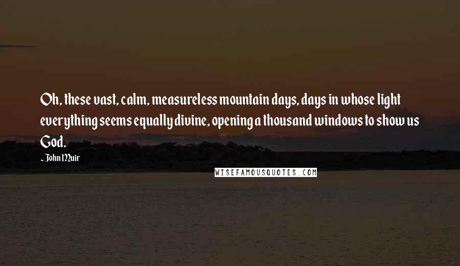 John Muir Quotes: Oh, these vast, calm, measureless mountain days, days in whose light everything seems equally divine, opening a thousand windows to show us God.