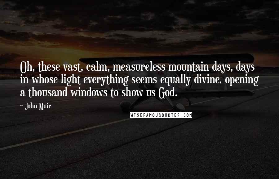 John Muir Quotes: Oh, these vast, calm, measureless mountain days, days in whose light everything seems equally divine, opening a thousand windows to show us God.