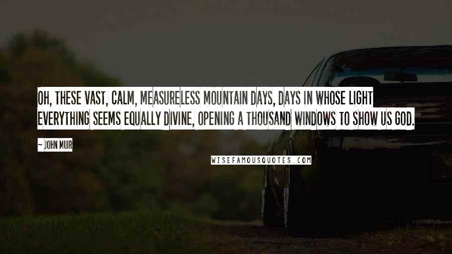 John Muir Quotes: Oh, these vast, calm, measureless mountain days, days in whose light everything seems equally divine, opening a thousand windows to show us God.