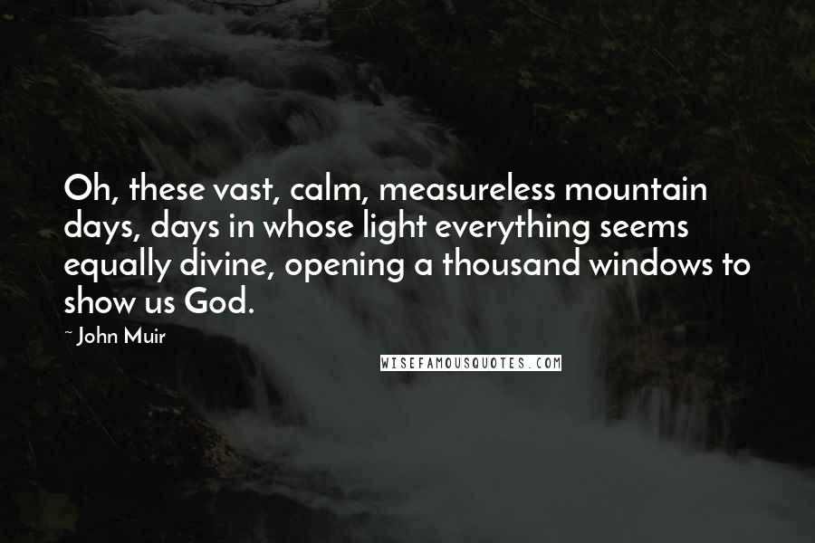 John Muir Quotes: Oh, these vast, calm, measureless mountain days, days in whose light everything seems equally divine, opening a thousand windows to show us God.