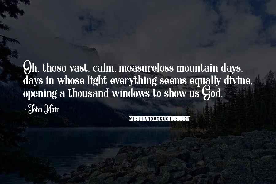 John Muir Quotes: Oh, these vast, calm, measureless mountain days, days in whose light everything seems equally divine, opening a thousand windows to show us God.
