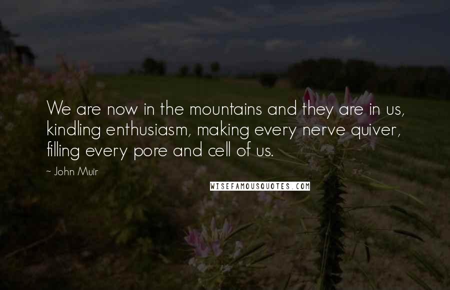 John Muir Quotes: We are now in the mountains and they are in us, kindling enthusiasm, making every nerve quiver, filling every pore and cell of us.