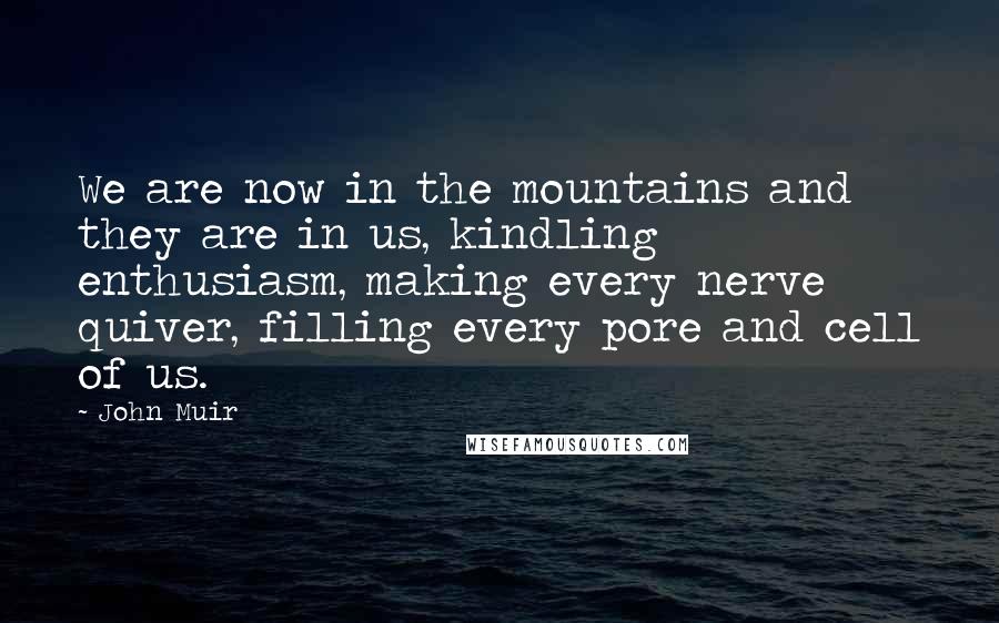 John Muir Quotes: We are now in the mountains and they are in us, kindling enthusiasm, making every nerve quiver, filling every pore and cell of us.
