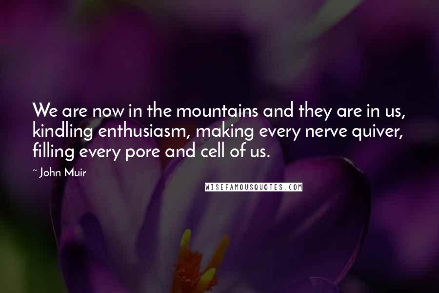 John Muir Quotes: We are now in the mountains and they are in us, kindling enthusiasm, making every nerve quiver, filling every pore and cell of us.