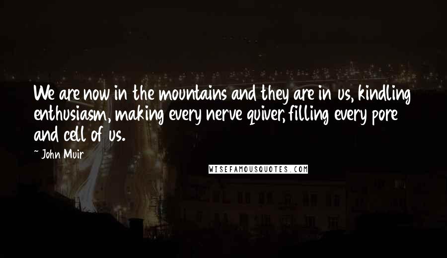 John Muir Quotes: We are now in the mountains and they are in us, kindling enthusiasm, making every nerve quiver, filling every pore and cell of us.