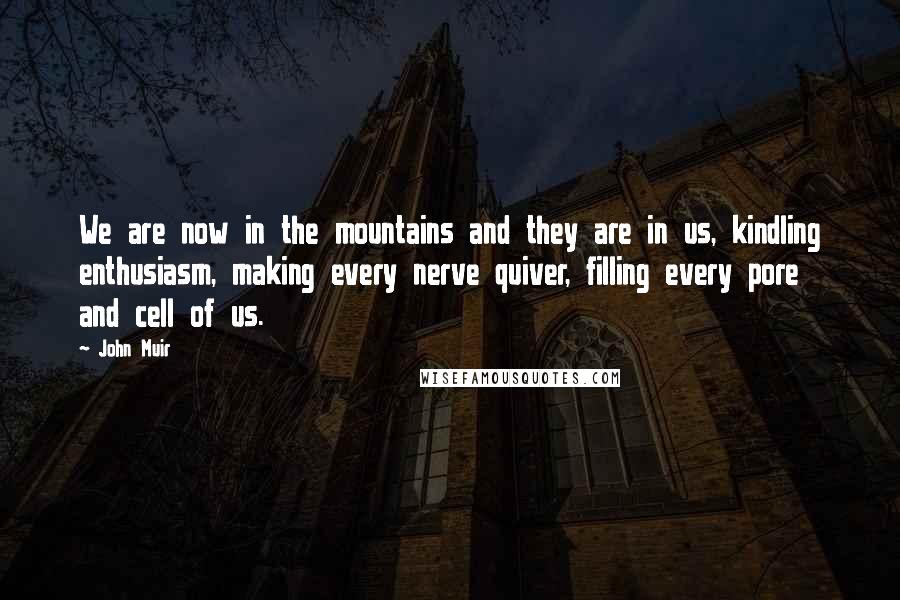 John Muir Quotes: We are now in the mountains and they are in us, kindling enthusiasm, making every nerve quiver, filling every pore and cell of us.