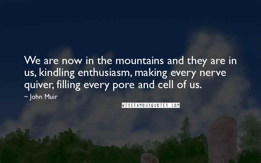 John Muir Quotes: We are now in the mountains and they are in us, kindling enthusiasm, making every nerve quiver, filling every pore and cell of us.