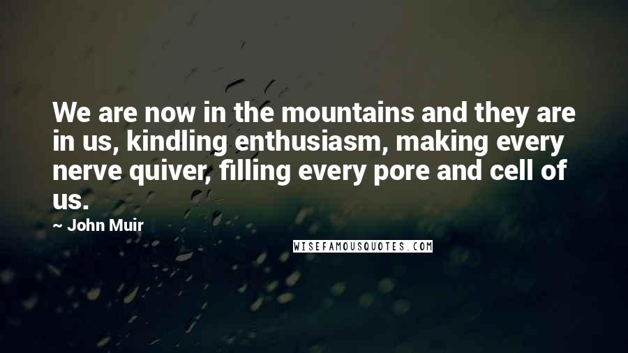 John Muir Quotes: We are now in the mountains and they are in us, kindling enthusiasm, making every nerve quiver, filling every pore and cell of us.