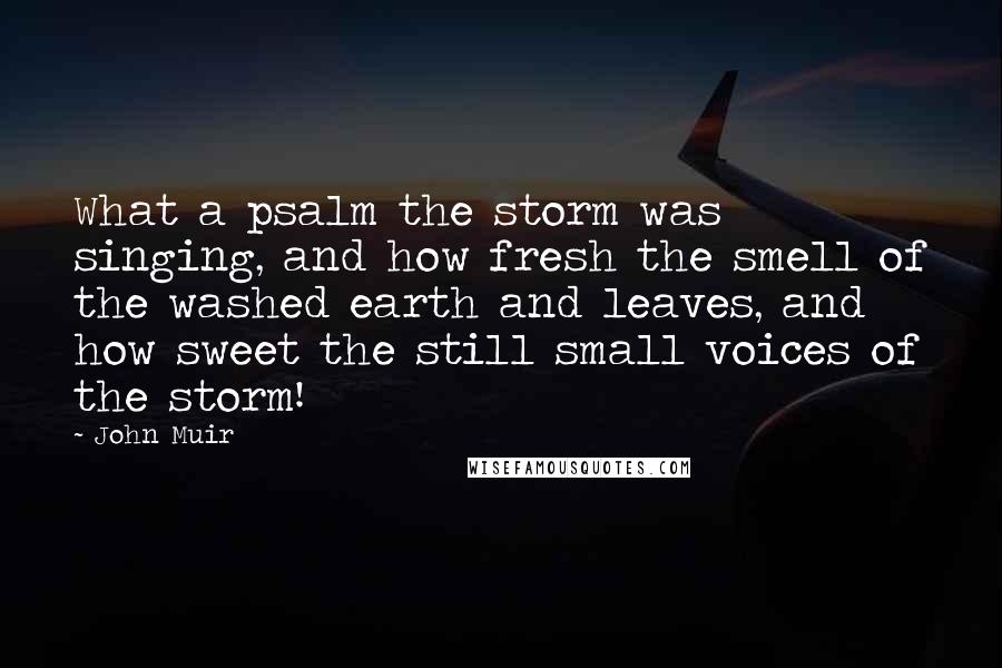 John Muir Quotes: What a psalm the storm was singing, and how fresh the smell of the washed earth and leaves, and how sweet the still small voices of the storm!