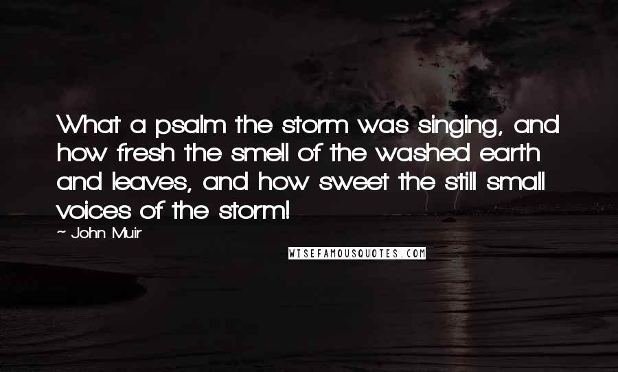 John Muir Quotes: What a psalm the storm was singing, and how fresh the smell of the washed earth and leaves, and how sweet the still small voices of the storm!