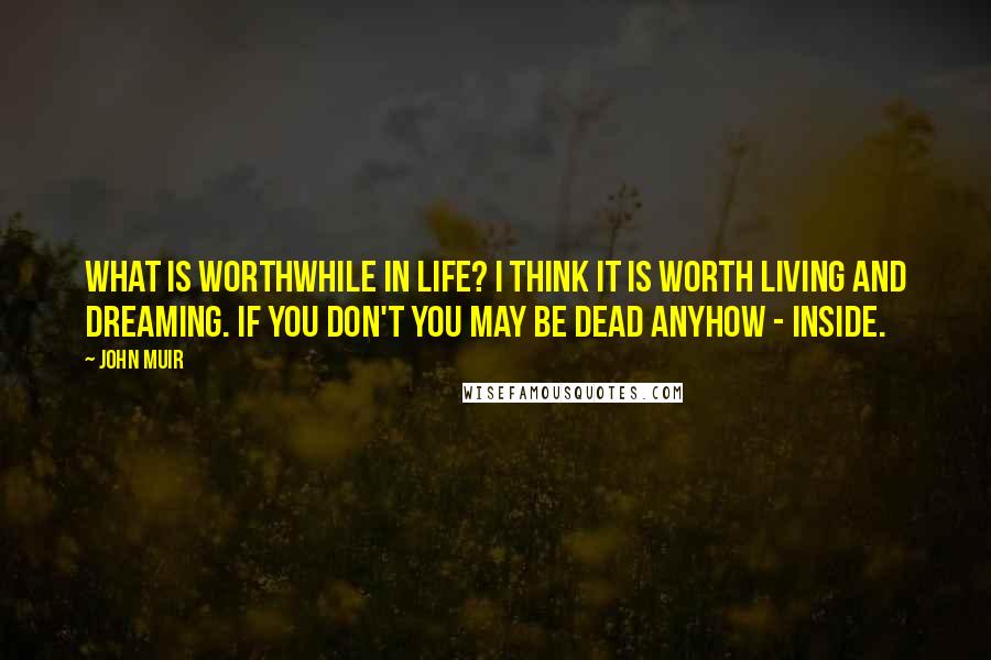 John Muir Quotes: What is worthwhile in life? I think it is worth living and dreaming. If you don't you may be dead anyhow - inside.