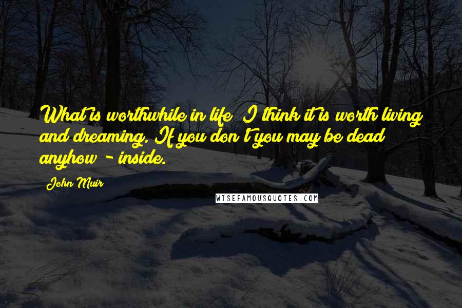John Muir Quotes: What is worthwhile in life? I think it is worth living and dreaming. If you don't you may be dead anyhow - inside.