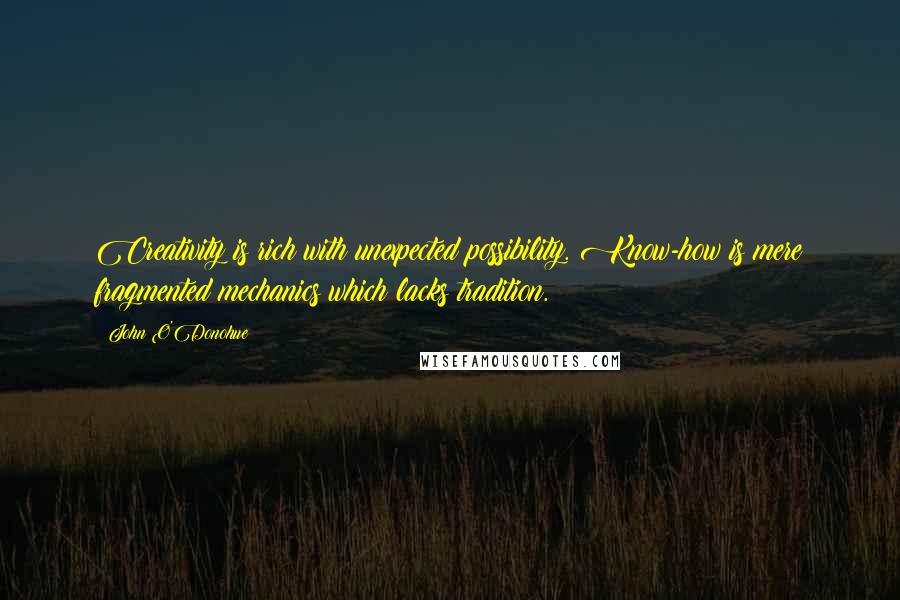 John O'Donohue Quotes: Creativity is rich with unexpected possibility. Know-how is mere fragmented mechanics which lacks tradition.