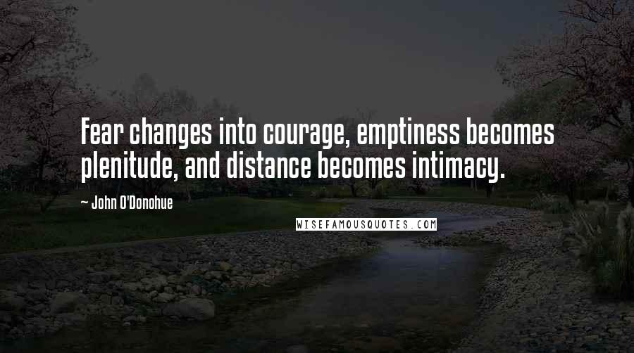 John O'Donohue Quotes: Fear changes into courage, emptiness becomes plenitude, and distance becomes intimacy.