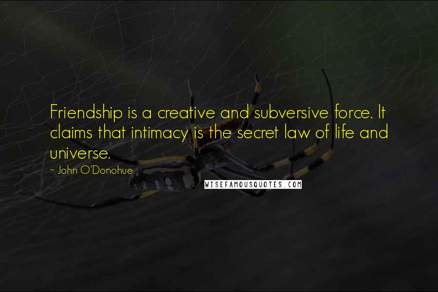 John O'Donohue Quotes: Friendship is a creative and subversive force. It claims that intimacy is the secret law of life and universe.