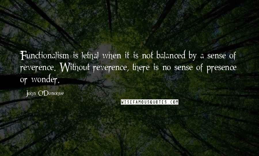 John O'Donohue Quotes: Functionalism is lethal when it is not balanced by a sense of reverence. Without reverence, there is no sense of presence or wonder.