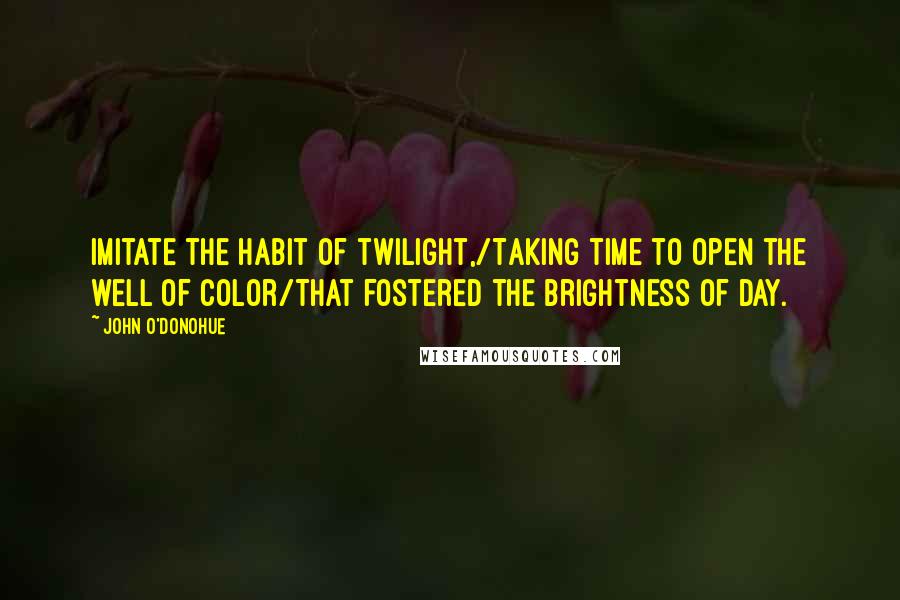 John O'Donohue Quotes: Imitate the habit of twilight,/Taking time to open the well of color/That fostered the brightness of day.