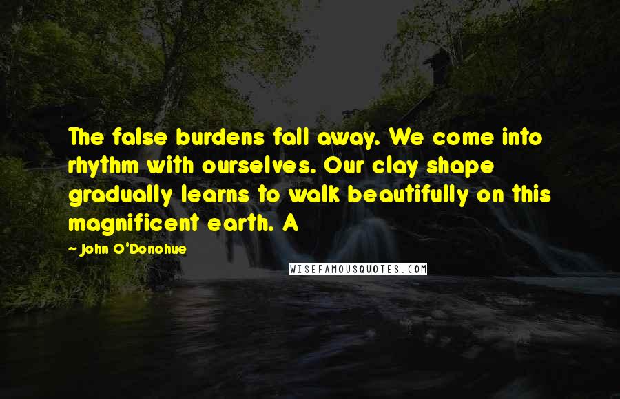 John O'Donohue Quotes: The false burdens fall away. We come into rhythm with ourselves. Our clay shape gradually learns to walk beautifully on this magnificent earth. A