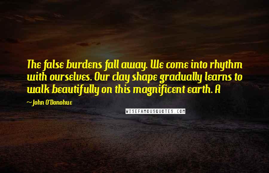 John O'Donohue Quotes: The false burdens fall away. We come into rhythm with ourselves. Our clay shape gradually learns to walk beautifully on this magnificent earth. A