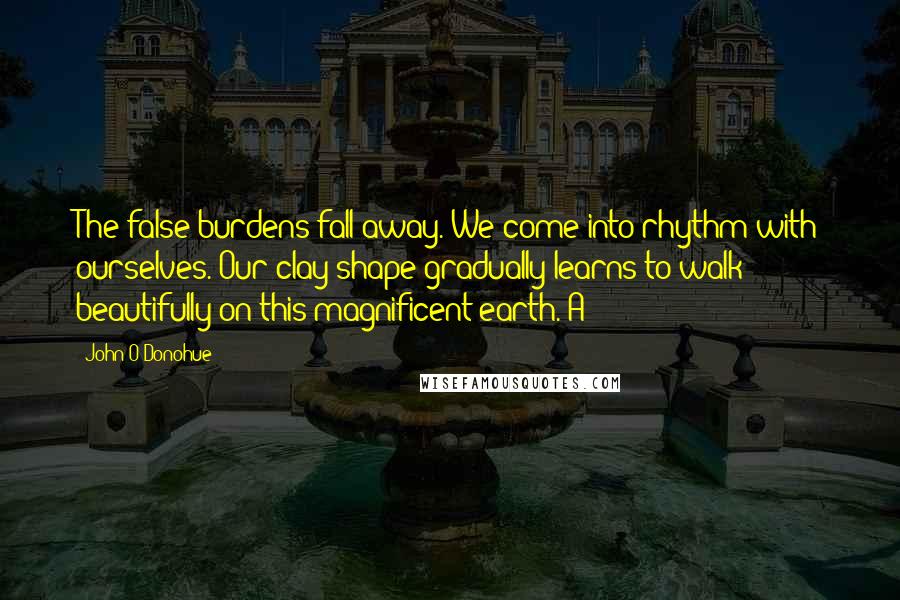 John O'Donohue Quotes: The false burdens fall away. We come into rhythm with ourselves. Our clay shape gradually learns to walk beautifully on this magnificent earth. A