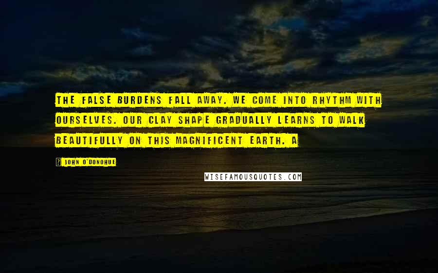 John O'Donohue Quotes: The false burdens fall away. We come into rhythm with ourselves. Our clay shape gradually learns to walk beautifully on this magnificent earth. A