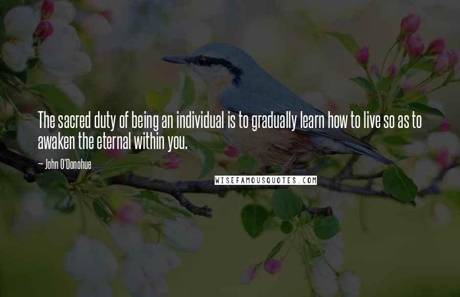 John O'Donohue Quotes: The sacred duty of being an individual is to gradually learn how to live so as to awaken the eternal within you.