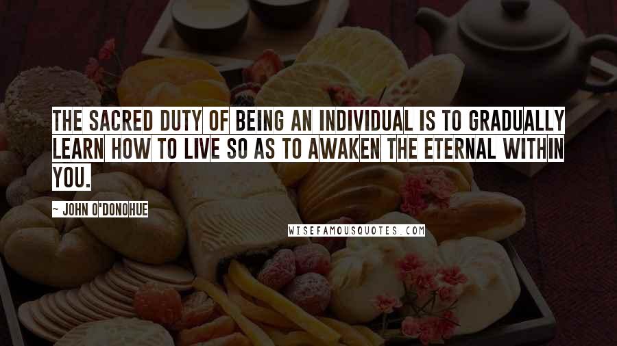 John O'Donohue Quotes: The sacred duty of being an individual is to gradually learn how to live so as to awaken the eternal within you.