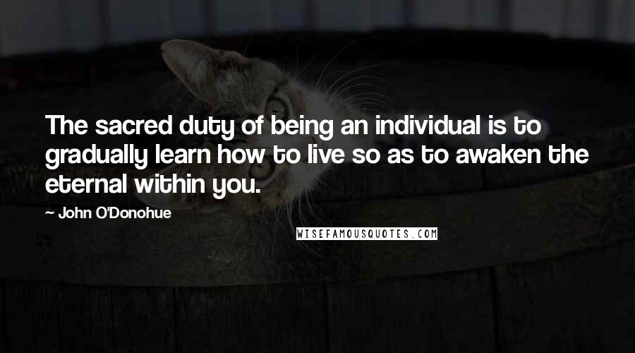 John O'Donohue Quotes: The sacred duty of being an individual is to gradually learn how to live so as to awaken the eternal within you.