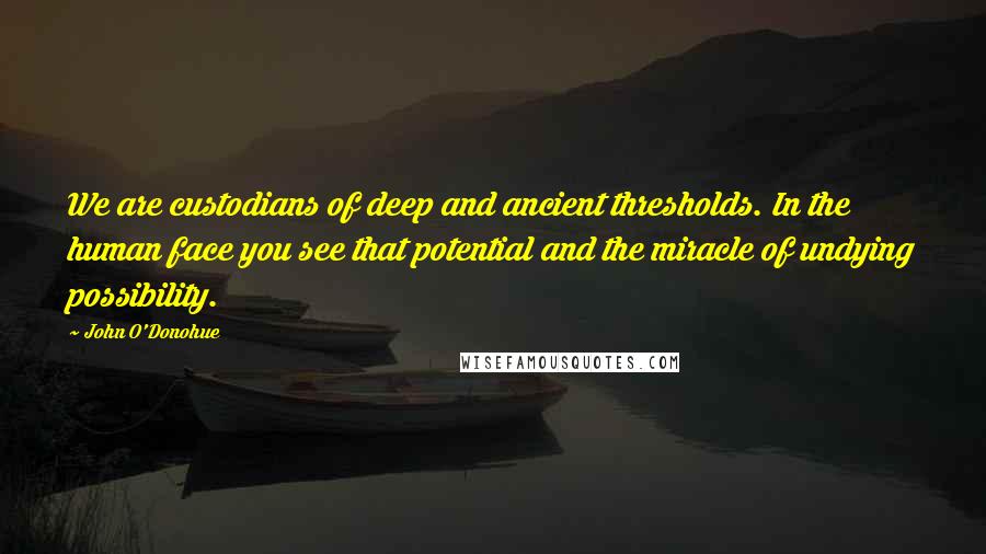 John O'Donohue Quotes: We are custodians of deep and ancient thresholds. In the human face you see that potential and the miracle of undying possibility.