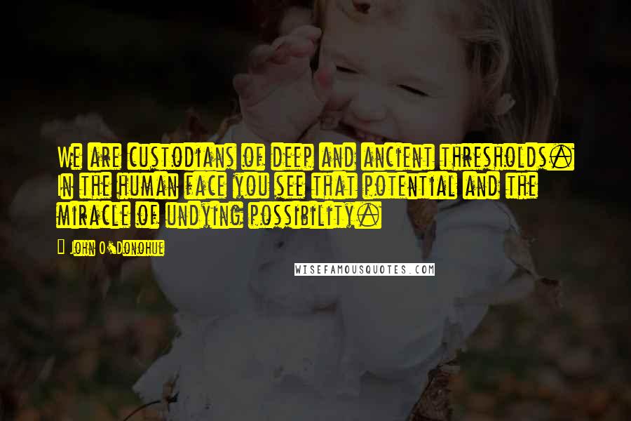 John O'Donohue Quotes: We are custodians of deep and ancient thresholds. In the human face you see that potential and the miracle of undying possibility.