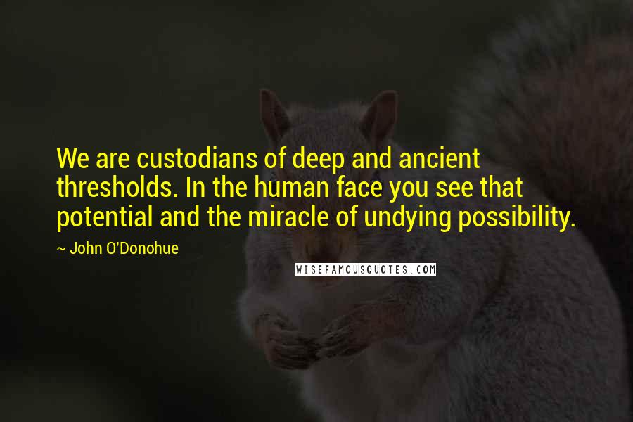 John O'Donohue Quotes: We are custodians of deep and ancient thresholds. In the human face you see that potential and the miracle of undying possibility.