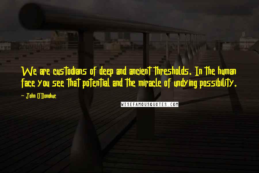 John O'Donohue Quotes: We are custodians of deep and ancient thresholds. In the human face you see that potential and the miracle of undying possibility.