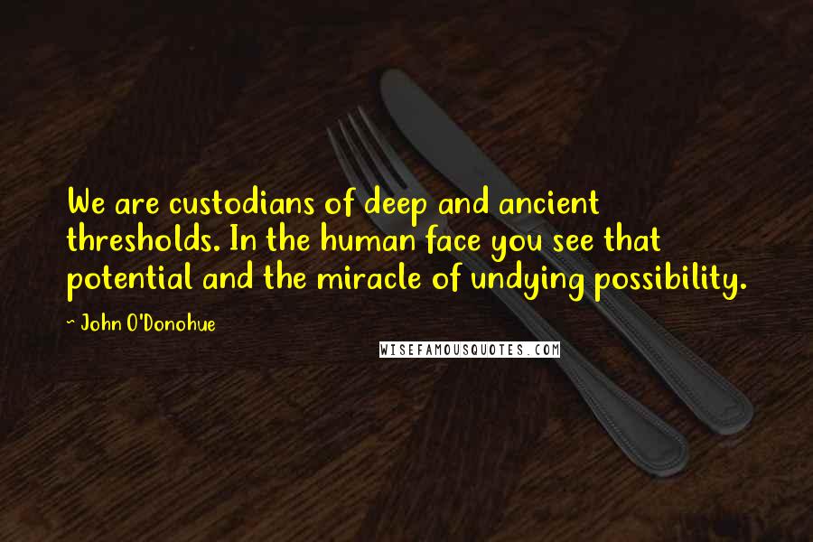 John O'Donohue Quotes: We are custodians of deep and ancient thresholds. In the human face you see that potential and the miracle of undying possibility.