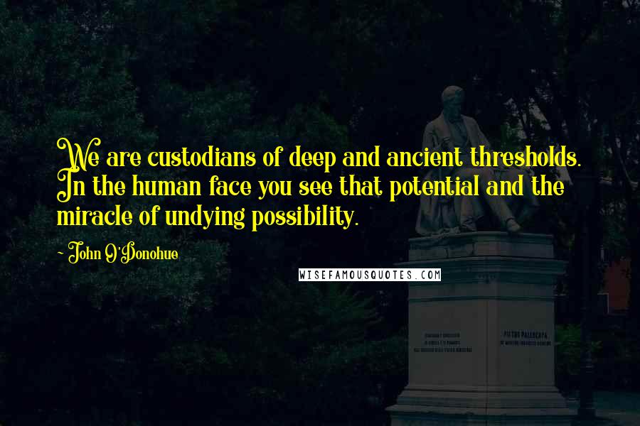 John O'Donohue Quotes: We are custodians of deep and ancient thresholds. In the human face you see that potential and the miracle of undying possibility.